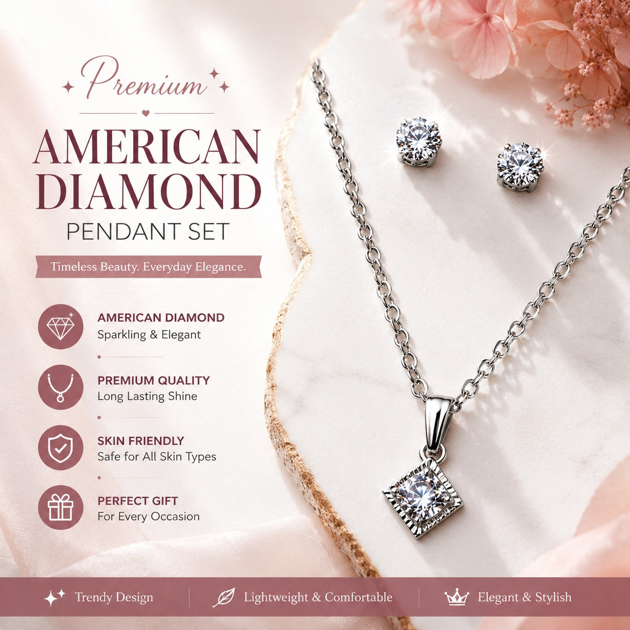 Silver American Diamond Pendant Necklace Set with Matching Stud Earrings | Elegant Jewelry for Women & Girls