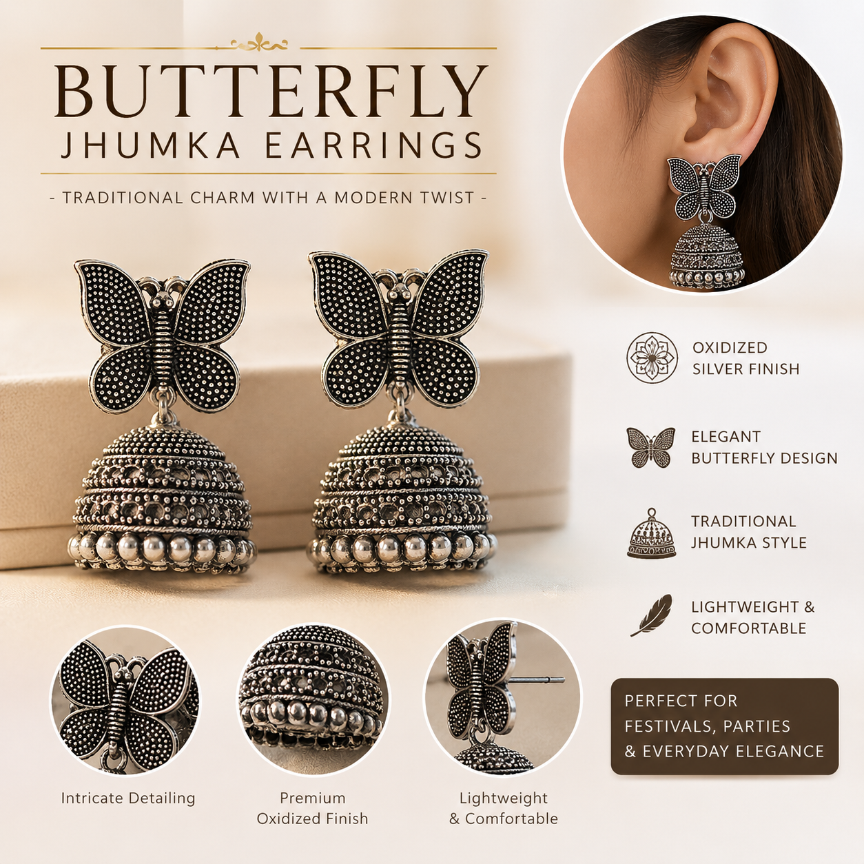 Oxidized Silver Butterfly Jhumka Earrings for Women | Traditional Ethnic Statement Earrings