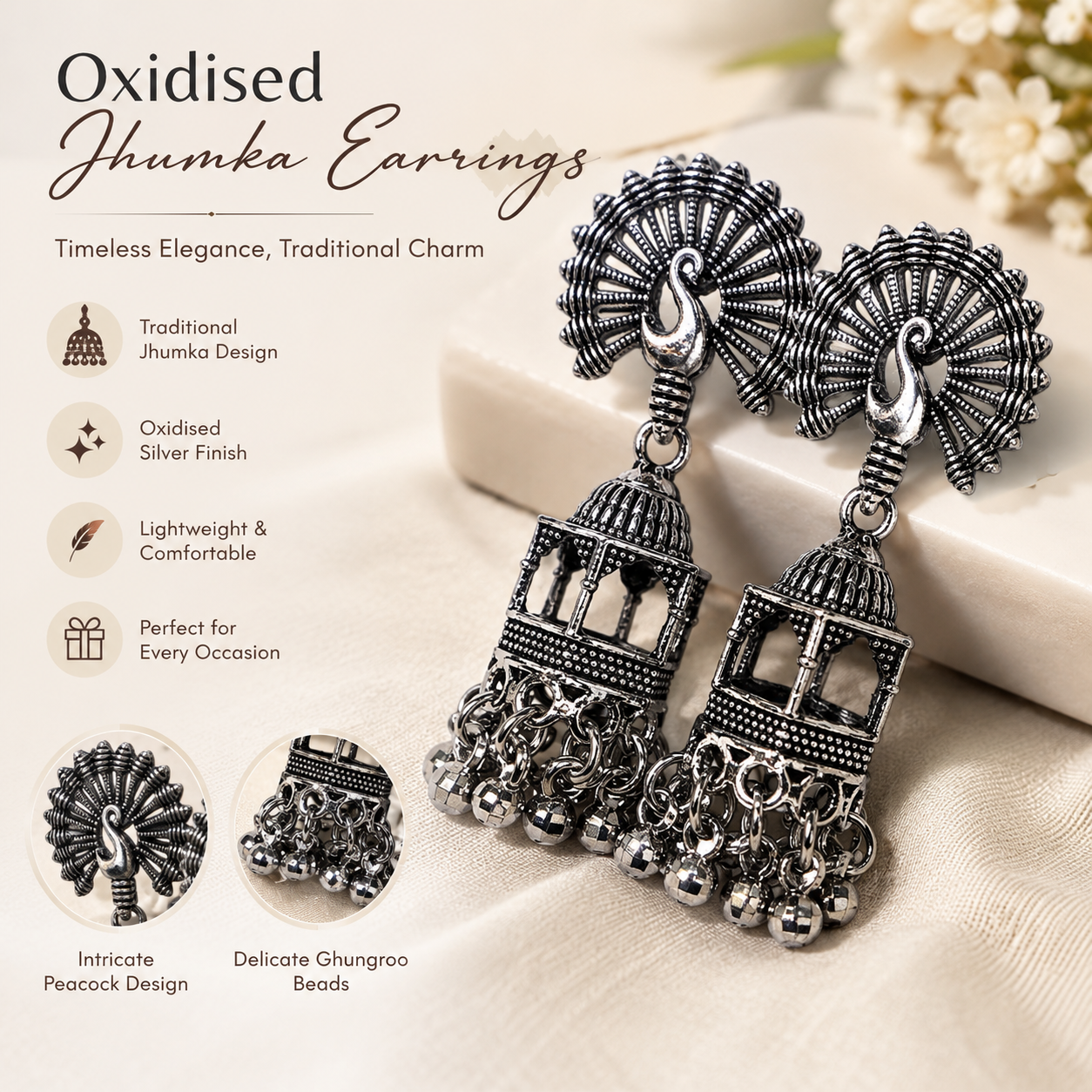 Vintage Oxidised Silver Peacock Jhumka Earrings – Traditional Ethnic Drop Earrings with Ghungroo Beads