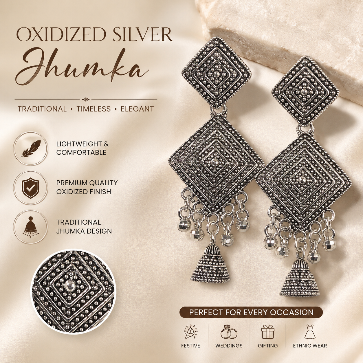 Oxidized Silver Geometric Jhumka Earrings for Women | Traditional Ethnic Statement Earrings
