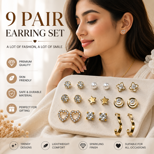 9 Pair Gold Plated Earrings Combo Set for Women & Girls | Pearl, Heart, Star, Crystal Studs & Hoop Earrings | Stylish Fashion Jewellery