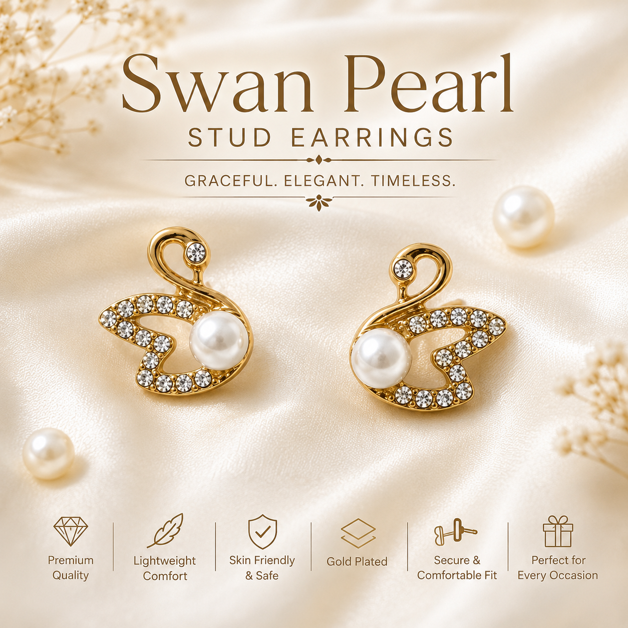 Elegant Swan Pearl Stud Earrings – Gold Plated Crystal & Pearl Fashion Earrings for Women