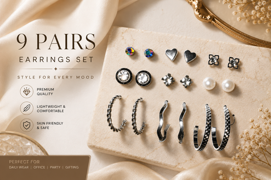 9 Pairs Silver-Tone Earrings Set for Women – Stud, Pearl & Hoop Combo Collection | Trendy Everyday Fashion Jewelry