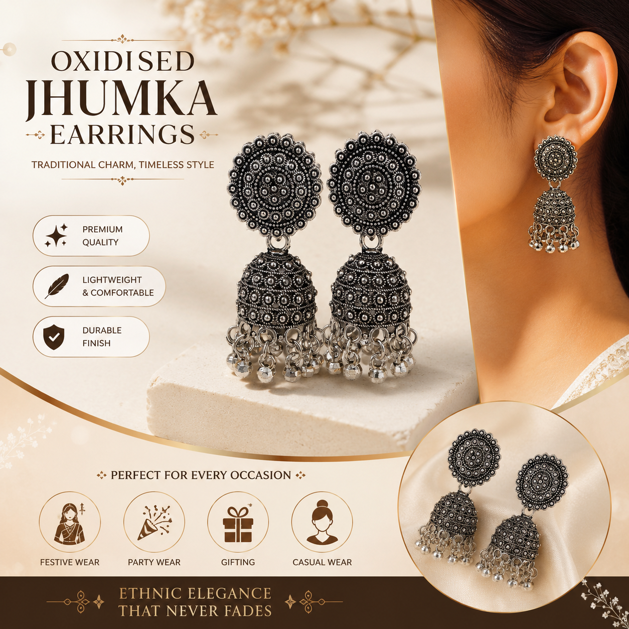 Vintage Oxidised Silver Jhumka Earrings for Women | Traditional Ethnic Statement Drop Earrings