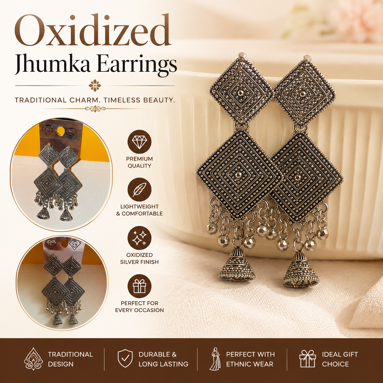 Vintage Oxidized Silver Geometric Jhumka Earrings for Women | Ethnic Statement Drop Earrings