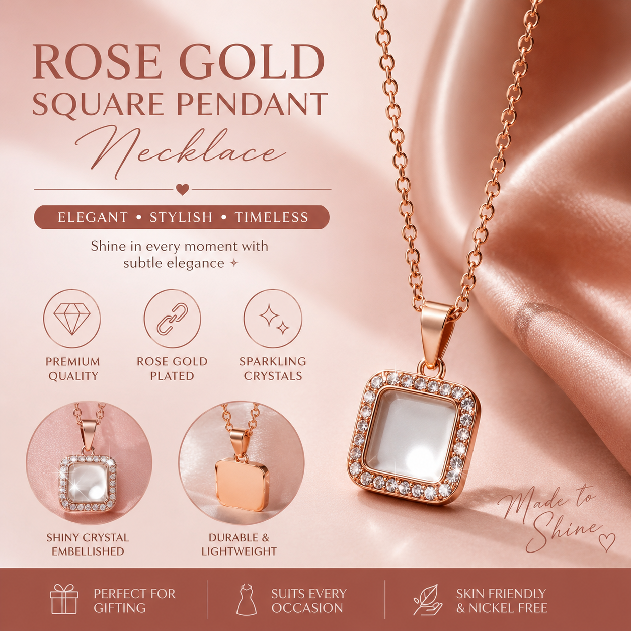 Rose Gold Crystal Square Pendant Necklace for Women – Elegant Everyday Jewelry