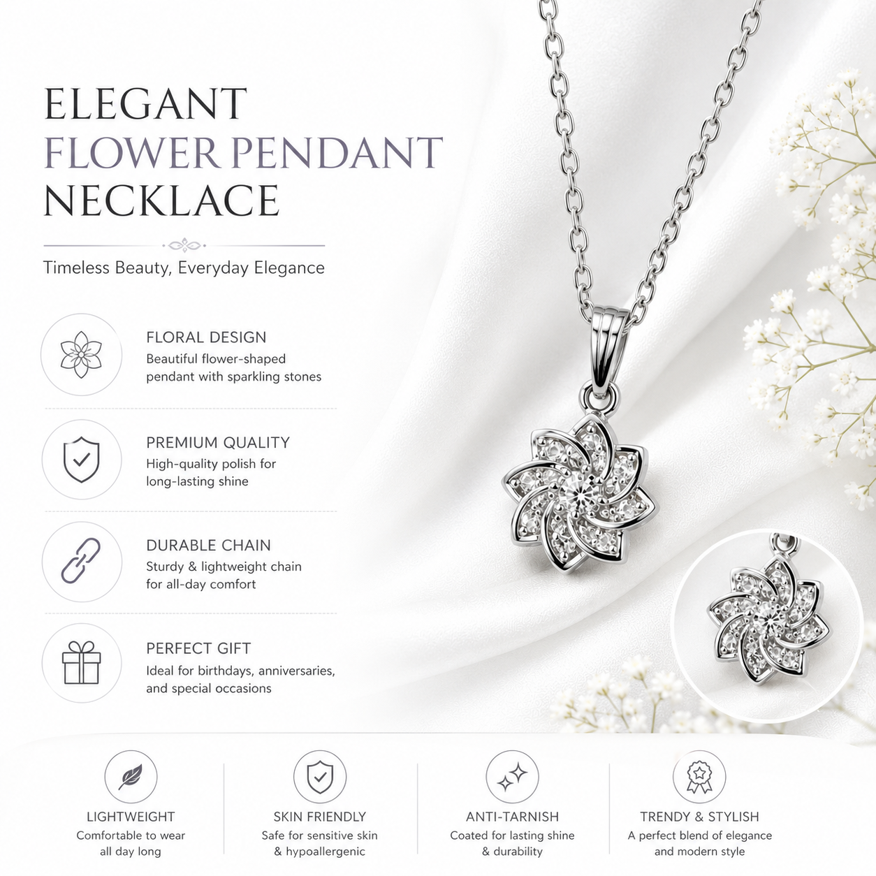 Bloom Crystal Flower Pendant Necklace – Elegant Silver-Tone Jewelry for Women