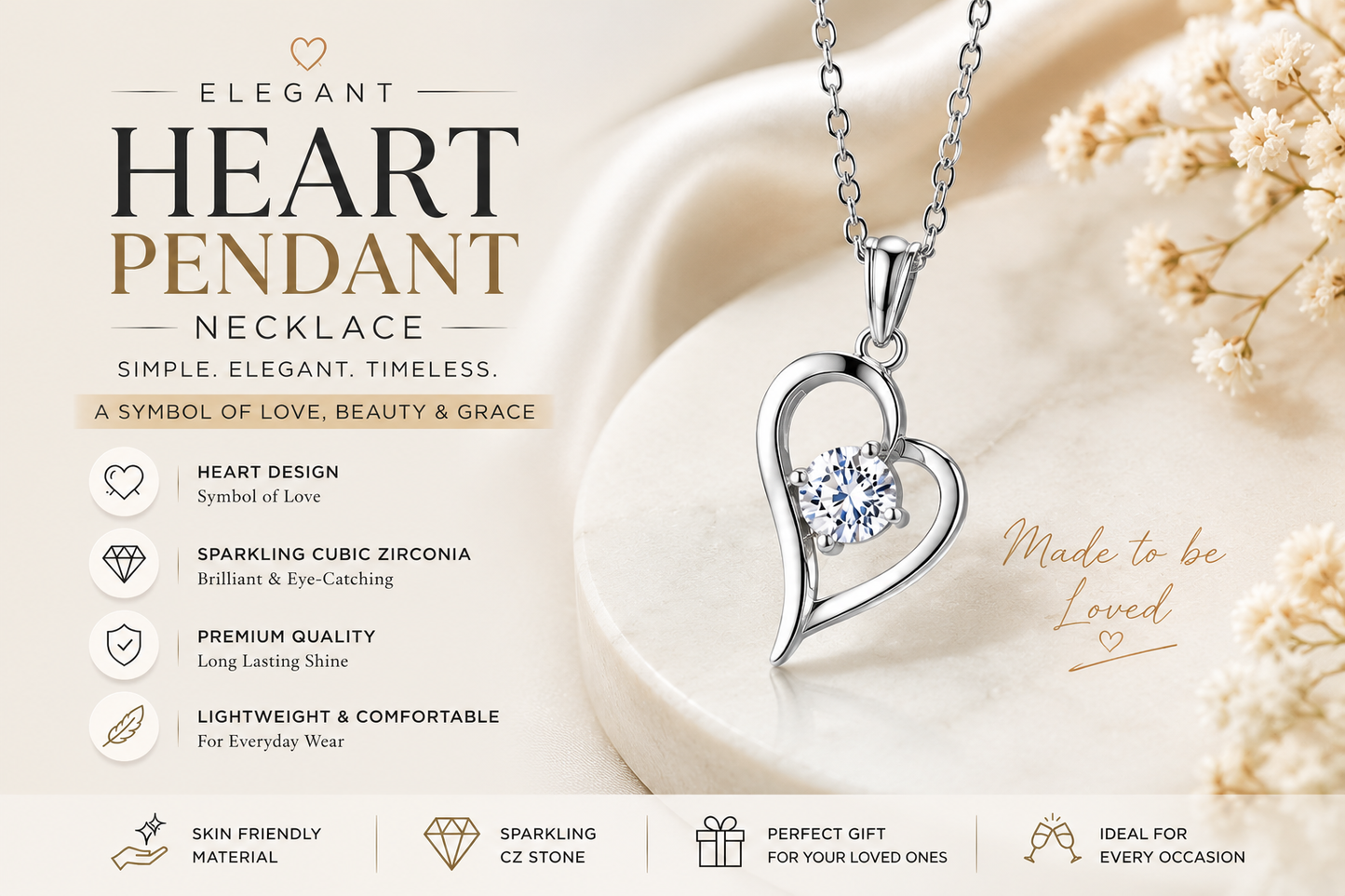 Elegant Heart Pendant Necklace for Women – Sparkling Crystal Stone Silver Chain | Minimalist Everyday Jewelry Gift