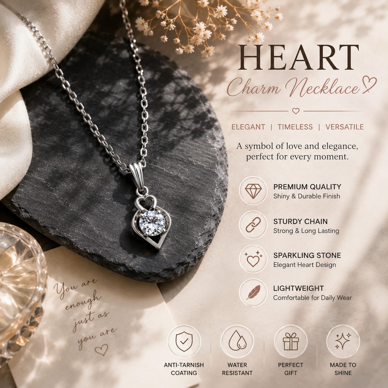 Silver Heart Crystal Pendant Necklace for Women & Girls | Elegant Daily Wear Fashion Jewelry Gift