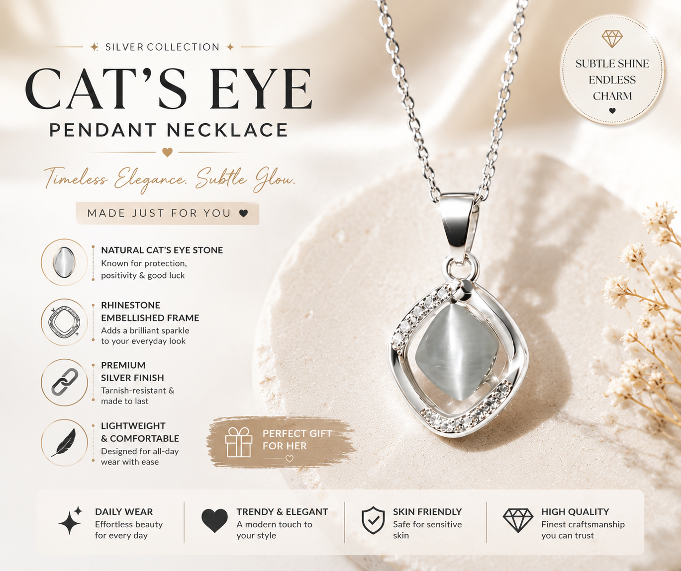 Silver Cat Eye Pendant Necklace for Women – Elegant Crystal Charm Jewelry