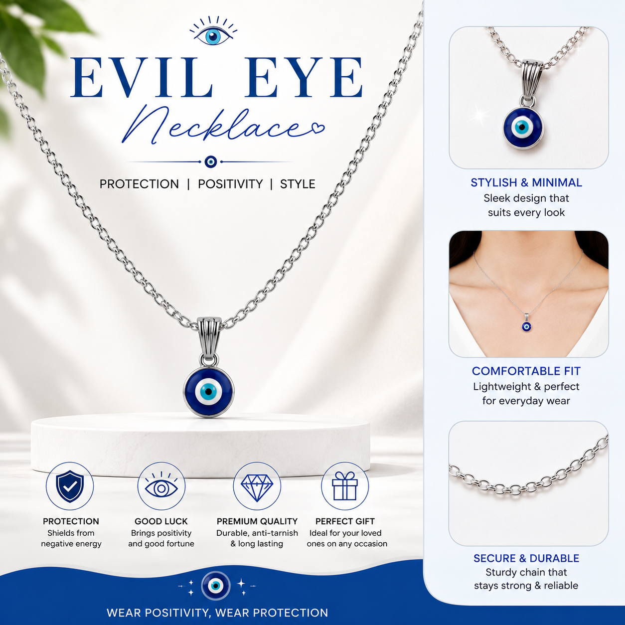 Silver Evil Eye Necklace for Women & Girls | Minimalist Blue Eye Pendant Chain | Protection Charm Jewelry