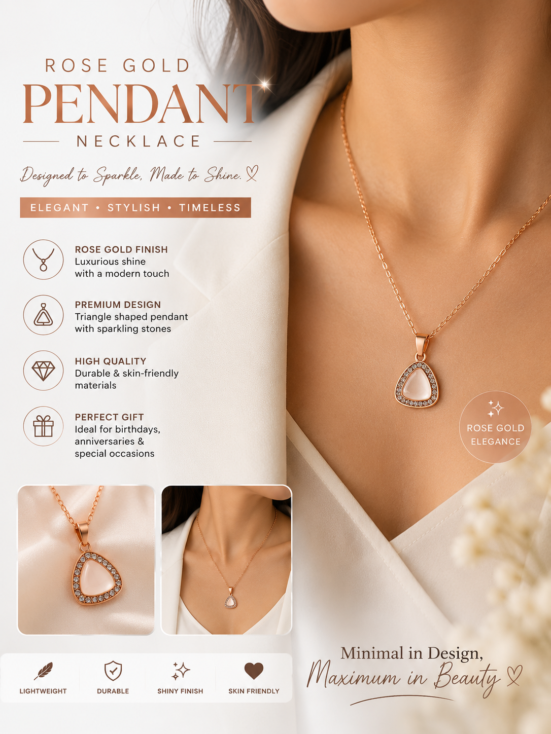 Rose Gold Triangle Crystal Pendant Necklace for Women – Elegant Geometric Stone Studded Fashion Jewelry Gift