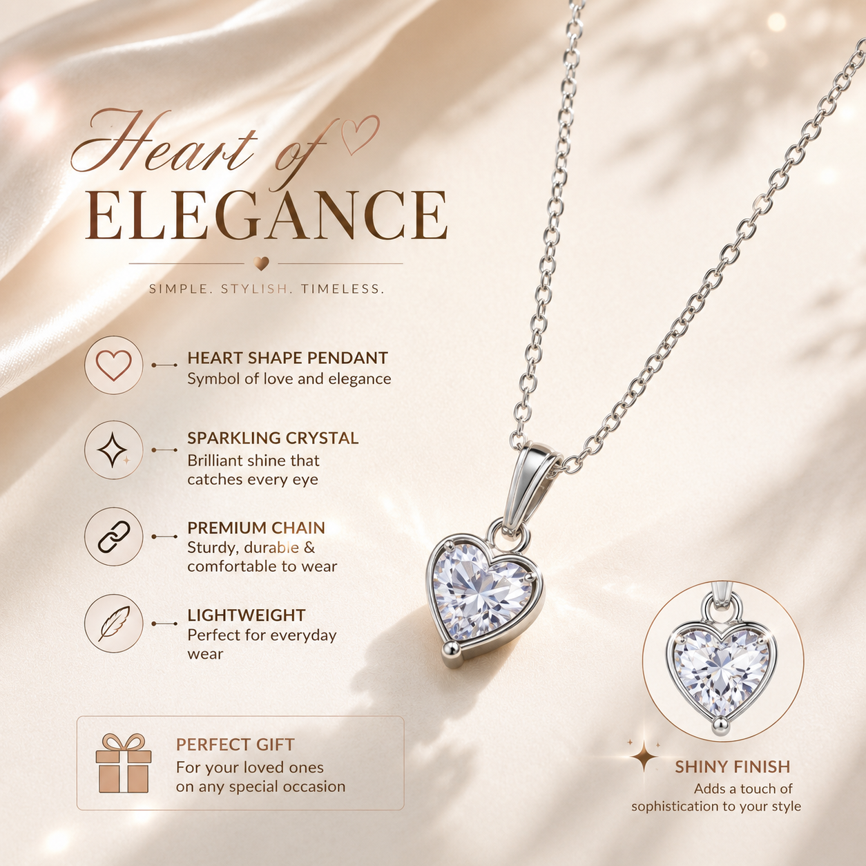Women Heart Shape Crystal Pendant Chain Necklace | Elegant Fashion Jewellery for Girls & Women | Daily Wear & Gift Collection