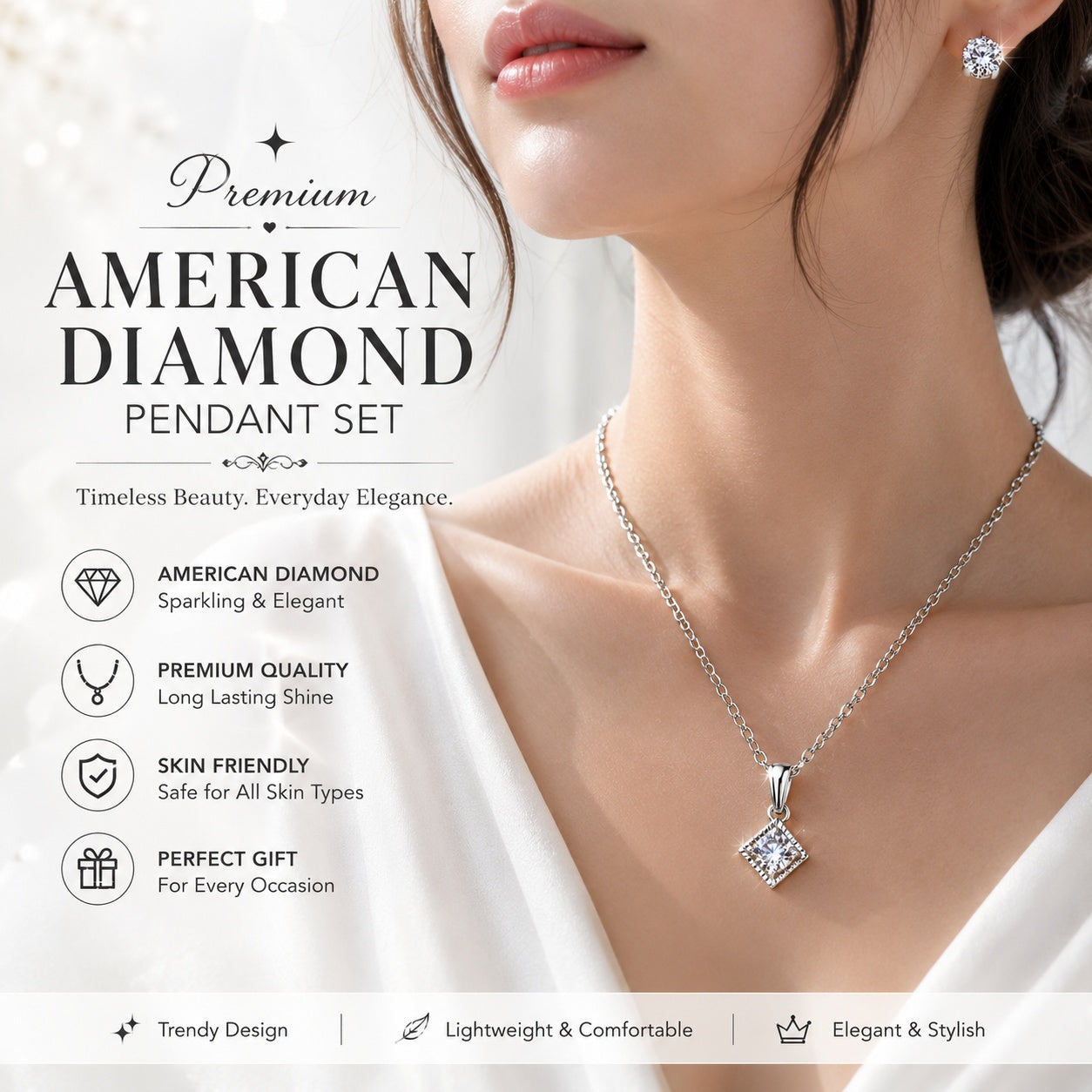 Silver American Diamond Pendant Necklace Set with Matching Stud Earrings | Elegant Jewelry for Women & Girls