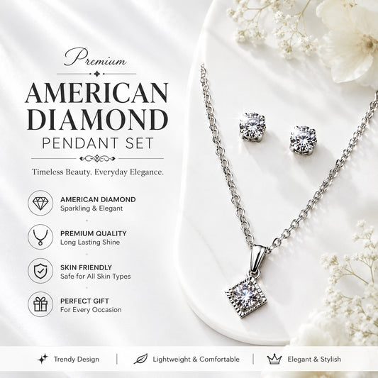 Silver American Diamond Pendant Necklace Set with Matching Stud Earrings | Elegant Jewelry for Women & Girls