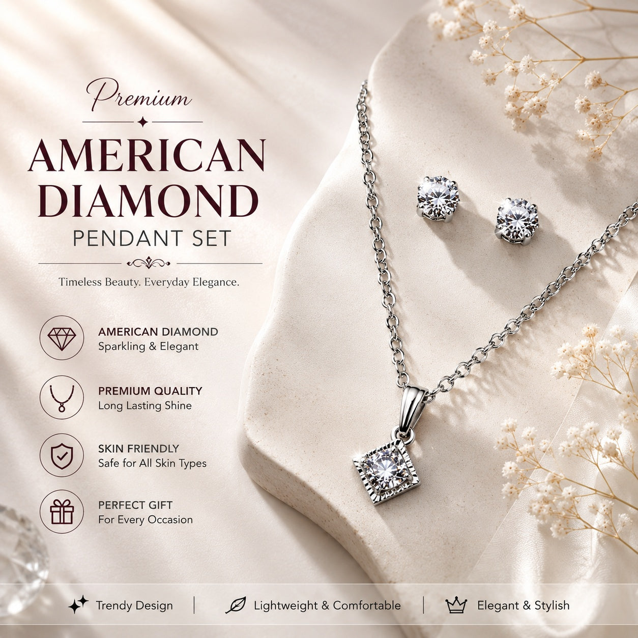 Silver American Diamond Pendant Necklace Set with Matching Stud Earrings | Elegant Jewelry for Women & Girls