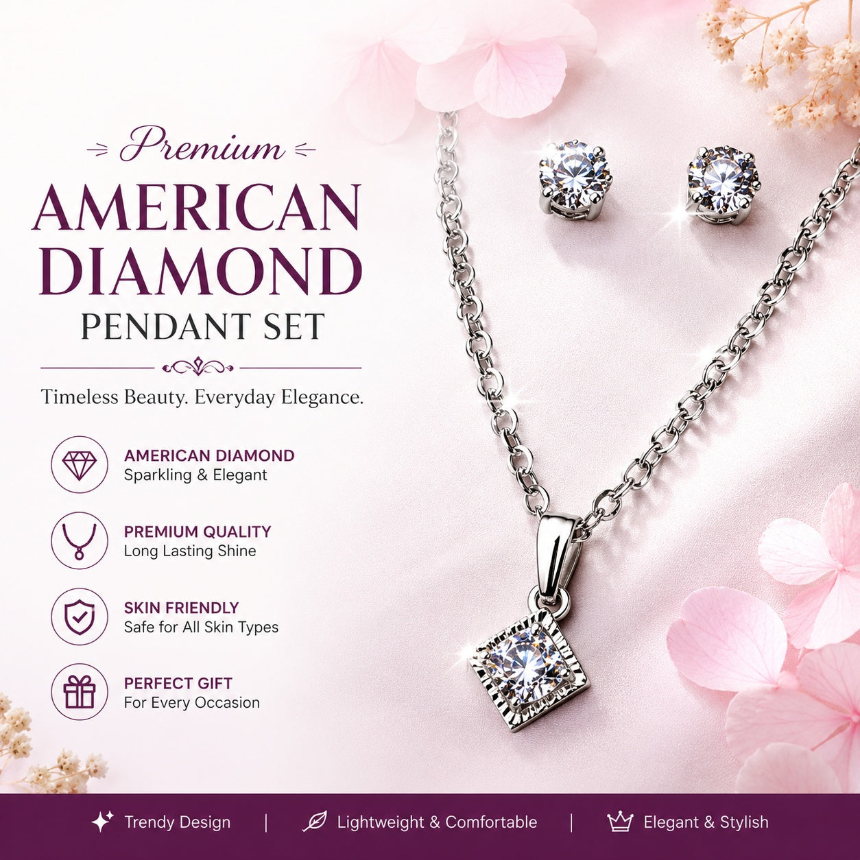 Silver American Diamond Pendant Necklace Set with Matching Stud Earrings | Elegant Jewelry for Women & Girls