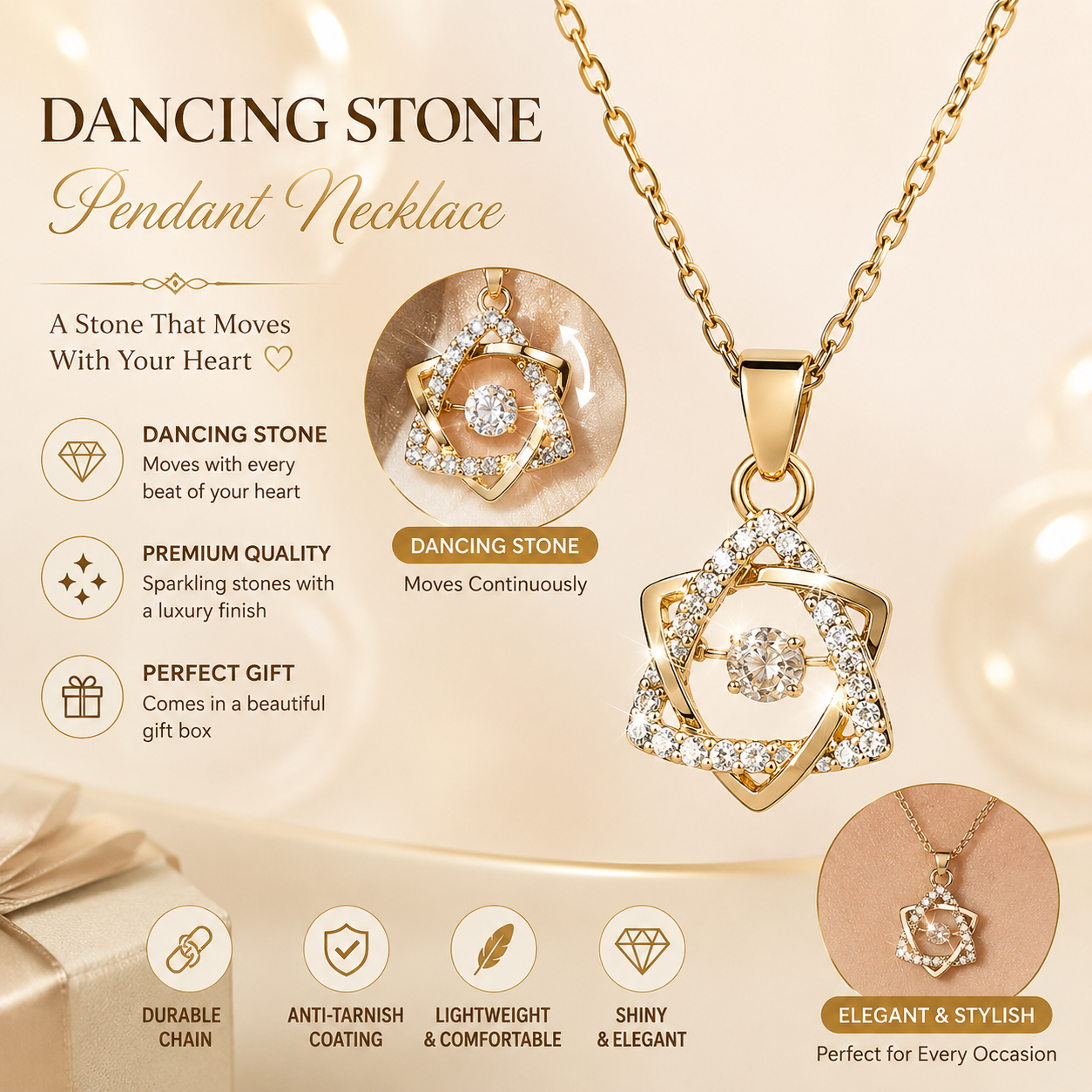 Dancing Stone Gold Plated Crystal Pendant Necklace for Women | Sparkling Star Pendant Chain