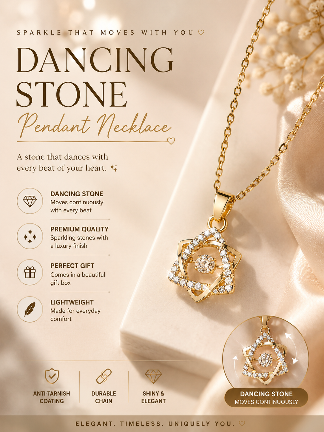 Dancing Stone Gold Plated Crystal Pendant Necklace for Women | Sparkling Star Pendant Chain
