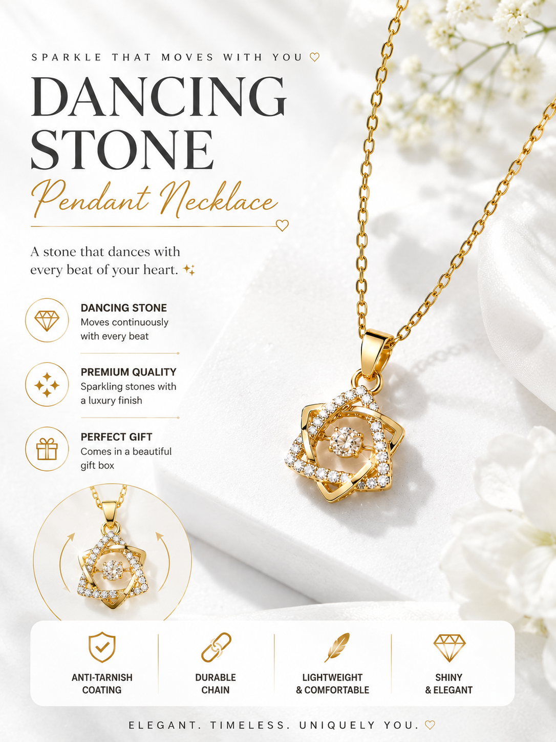 Dancing Stone Gold Plated Crystal Pendant Necklace for Women | Sparkling Star Pendant Chain