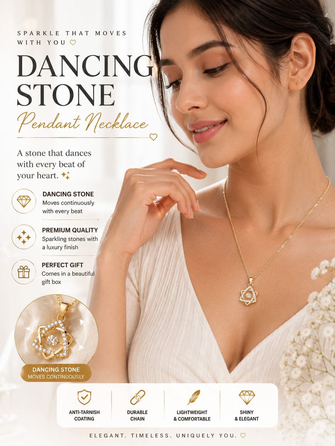 Dancing Stone Gold Plated Crystal Pendant Necklace for Women | Sparkling Star Pendant Chain
