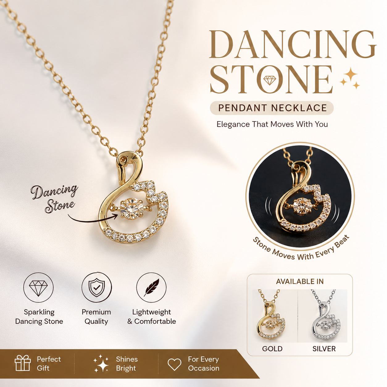 Dancing Stone Swan Pendant Necklace – Sparkling Crystal Necklace for Women