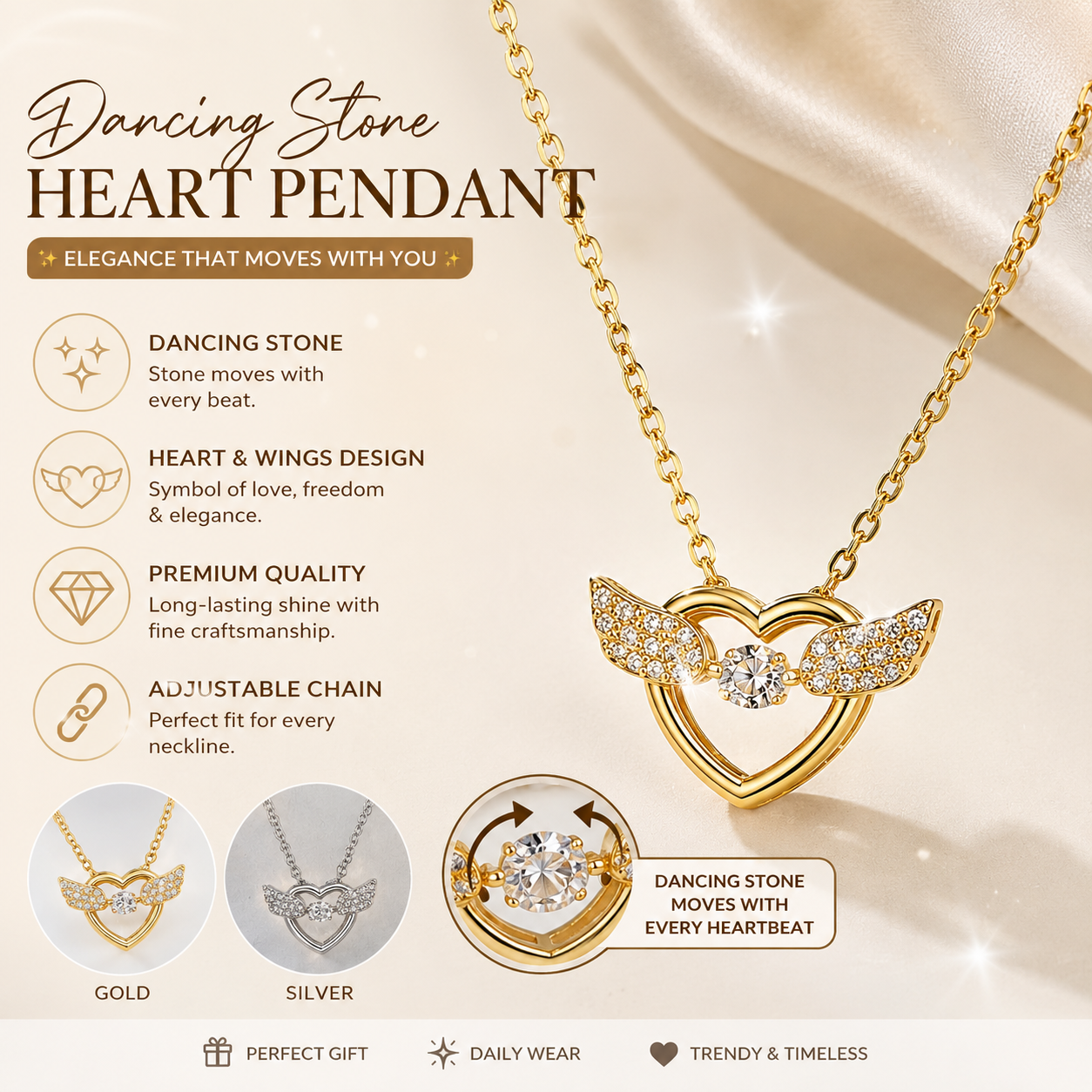 Dancing Stone Heart Wing Pendant Necklace for Women – Elegant Crystal Moving Stone Necklace
