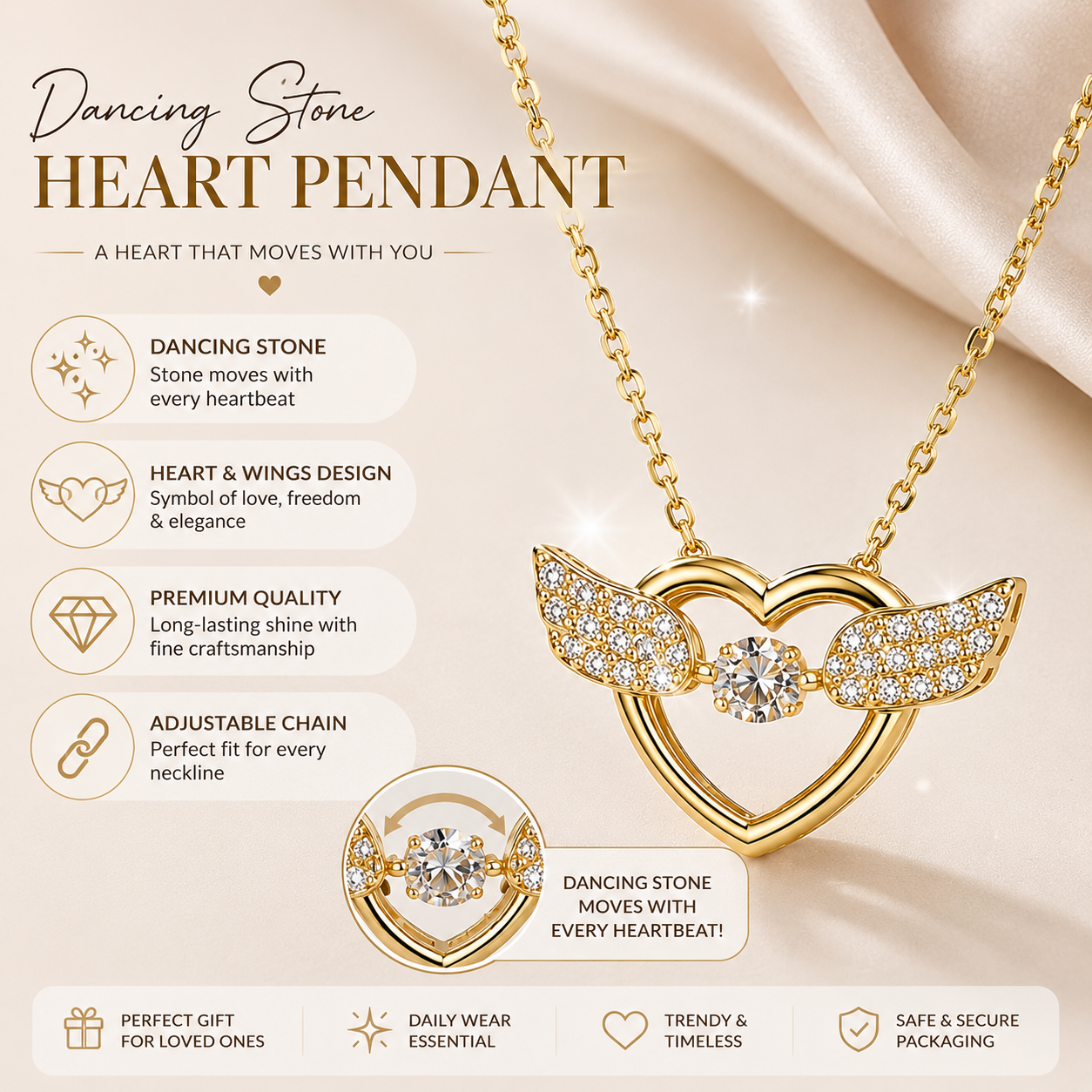 Dancing Stone Heart Wing Pendant Necklace for Women – Elegant Crystal Moving Stone Necklace
