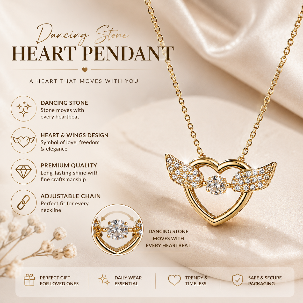 Dancing Stone Heart Wing Pendant Necklace for Women – Elegant Crystal Moving Stone Necklace