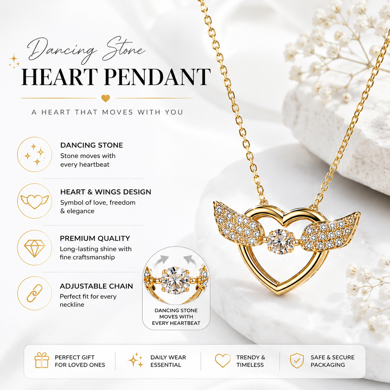Dancing Stone Heart Wing Pendant Necklace for Women – Elegant Crystal Moving Stone Necklace