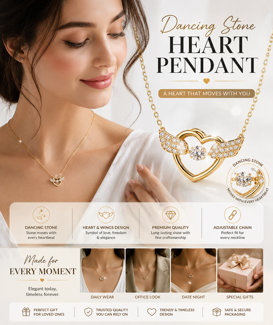 Dancing Stone Heart Wing Pendant Necklace for Women – Elegant Crystal Moving Stone Necklace