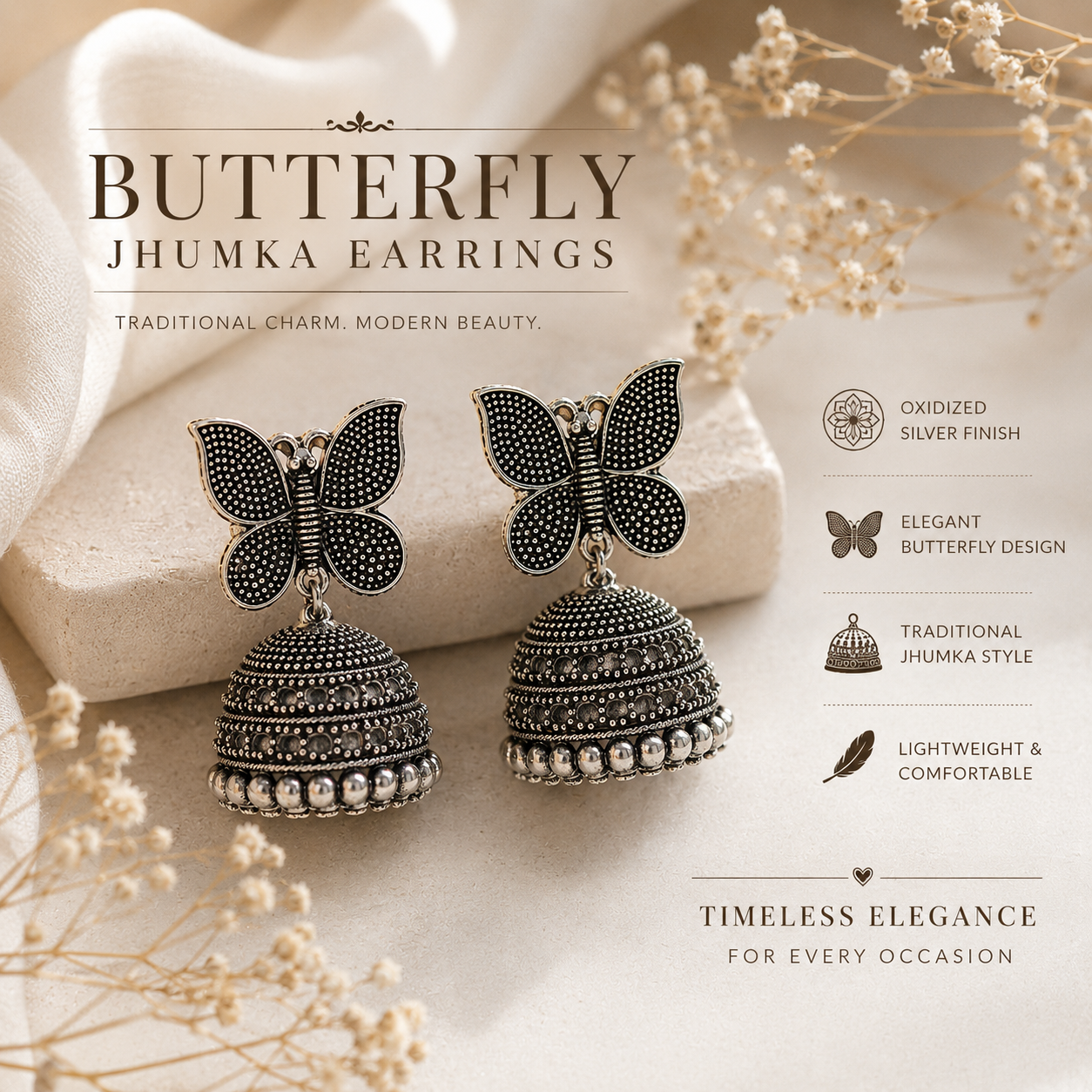 Oxidized Silver Butterfly Jhumka Earrings for Women | Traditional Ethnic Statement Earrings