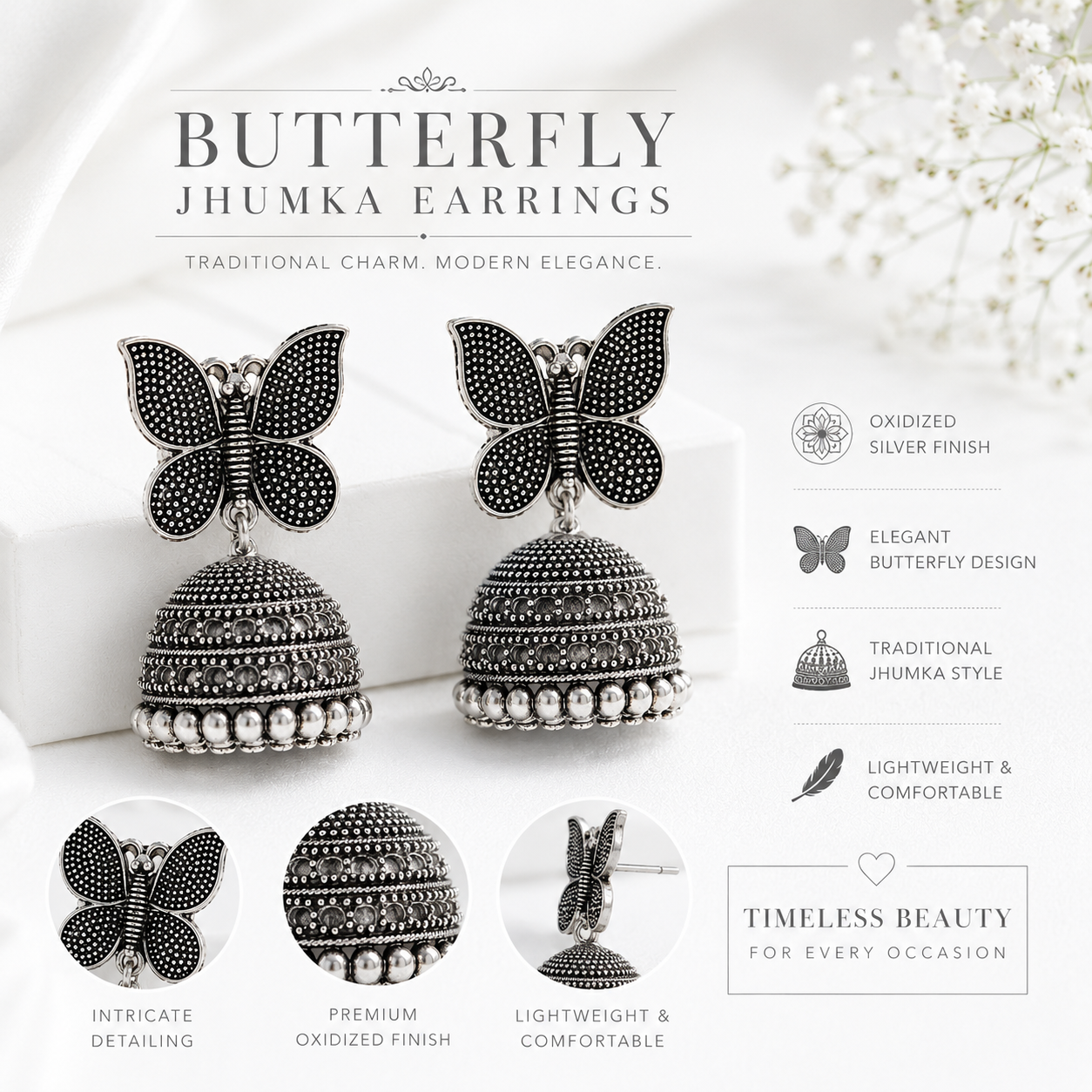 Oxidized Silver Butterfly Jhumka Earrings for Women | Traditional Ethnic Statement Earrings
