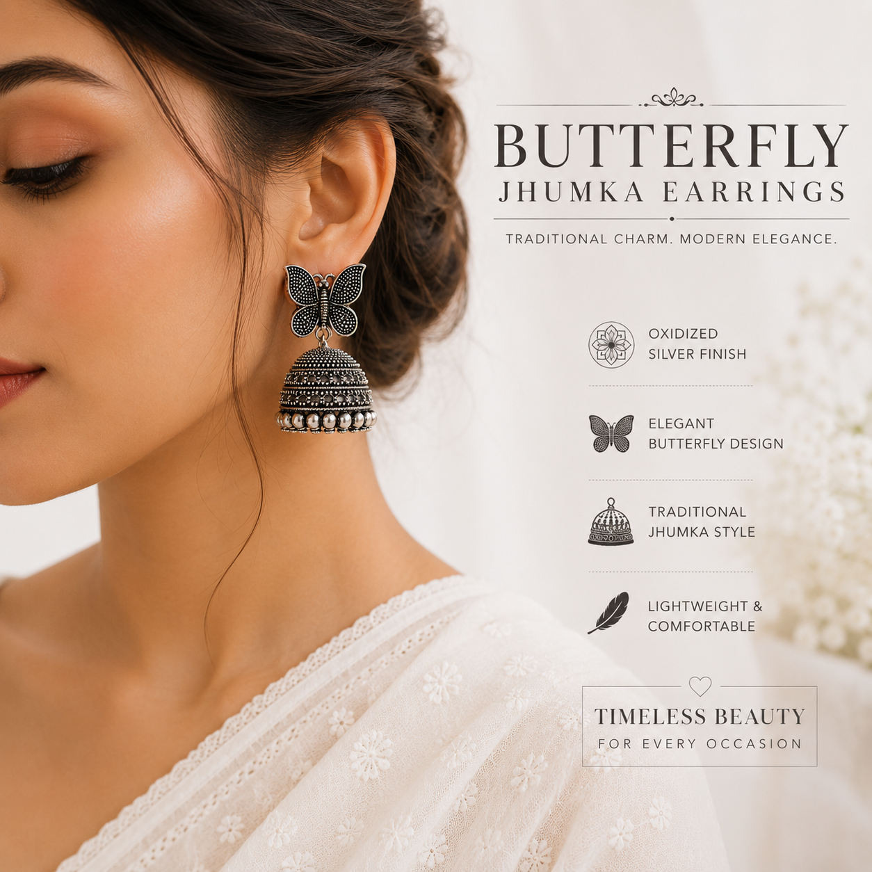 Oxidized Silver Butterfly Jhumka Earrings for Women | Traditional Ethnic Statement Earrings