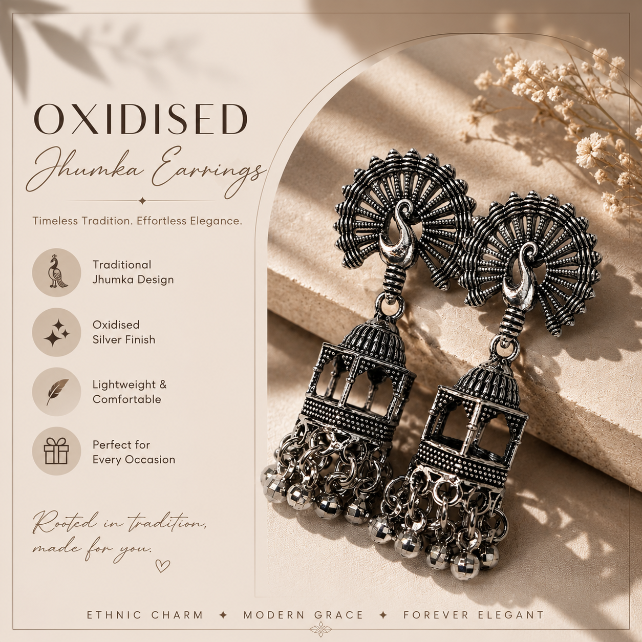 Vintage Oxidised Silver Peacock Jhumka Earrings – Traditional Ethnic Drop Earrings with Ghungroo Beads