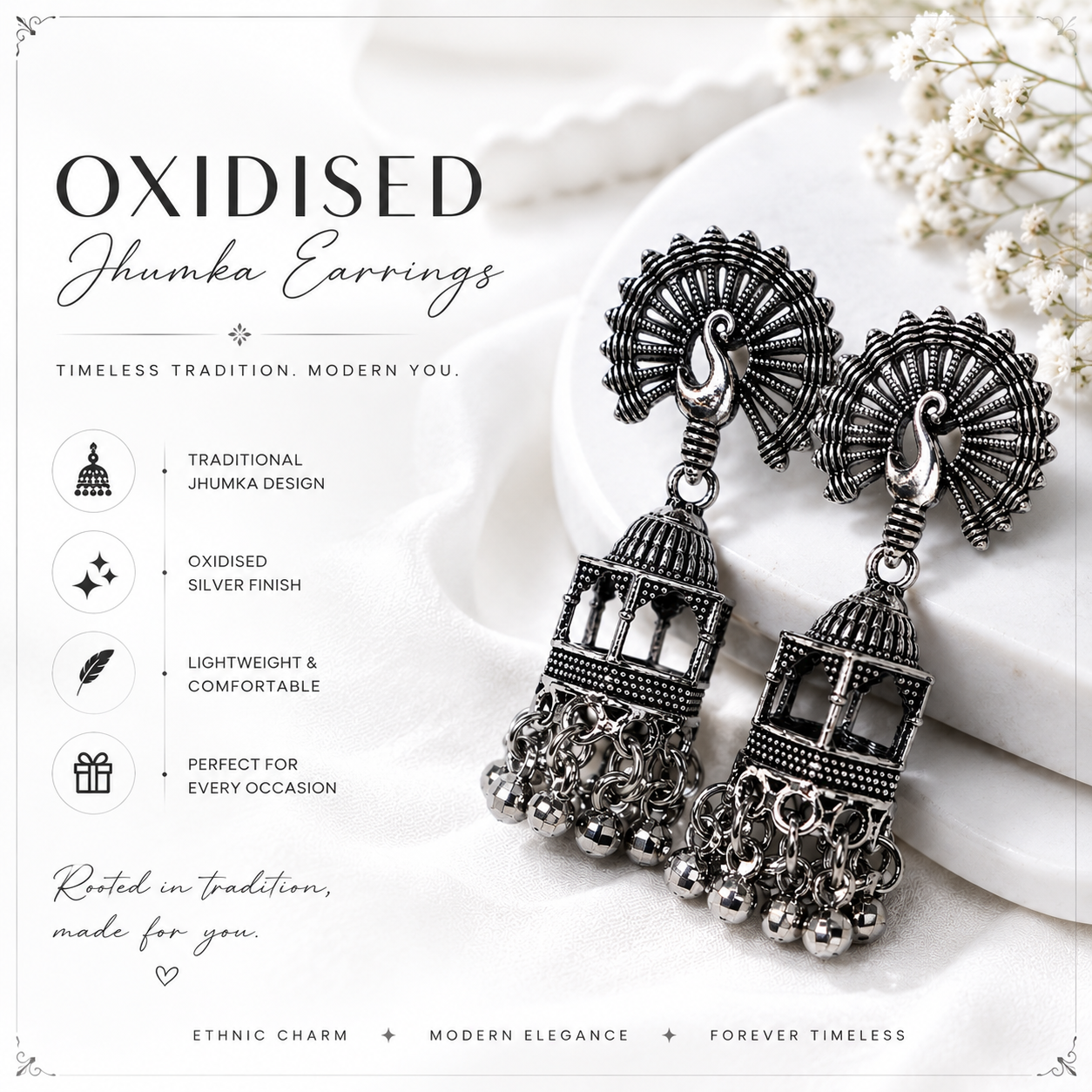 Vintage Oxidised Silver Peacock Jhumka Earrings – Traditional Ethnic Drop Earrings with Ghungroo Beads