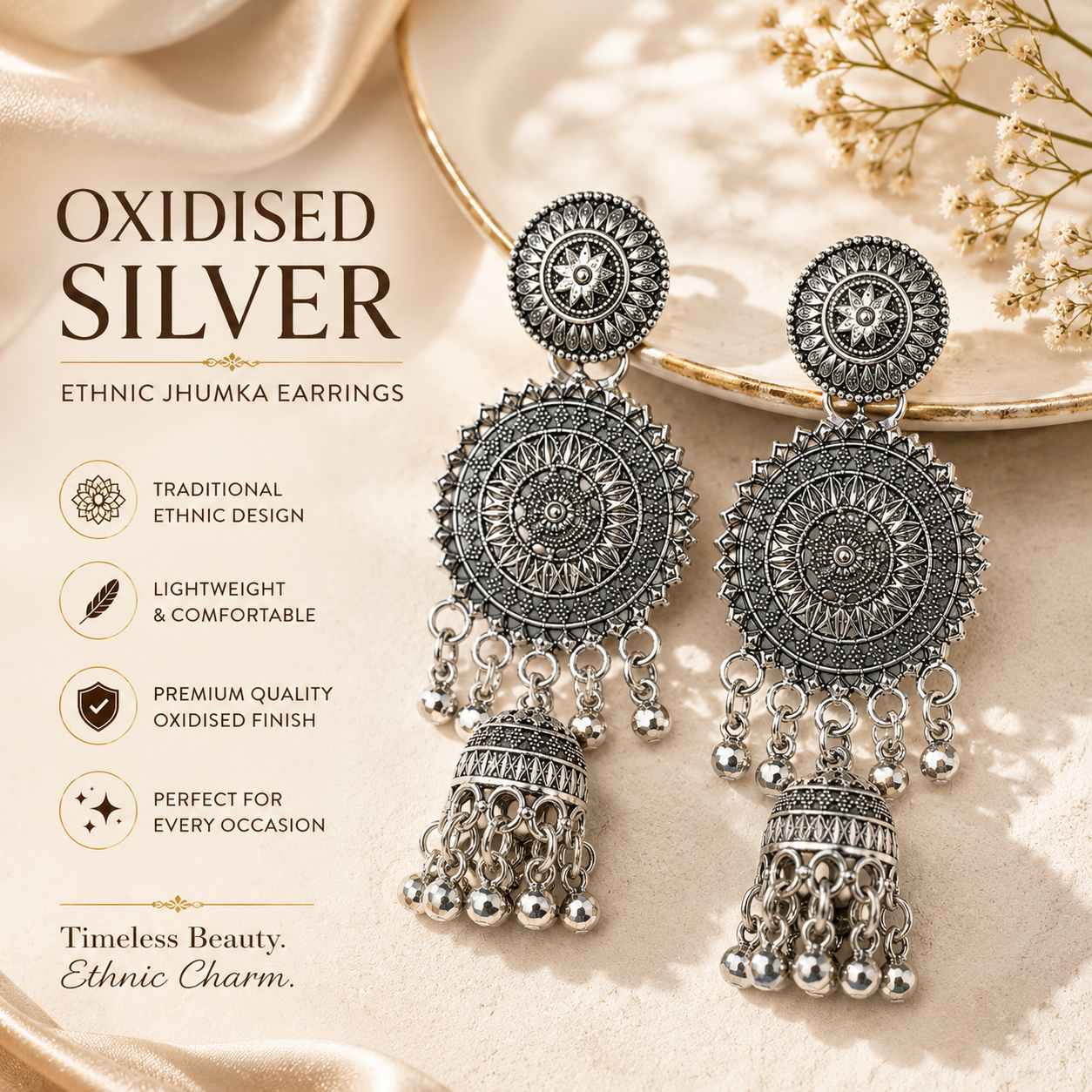 Oxidised Silver Ethnic Jhumka Earrings for Women | Traditional Statement Dangler Earrings