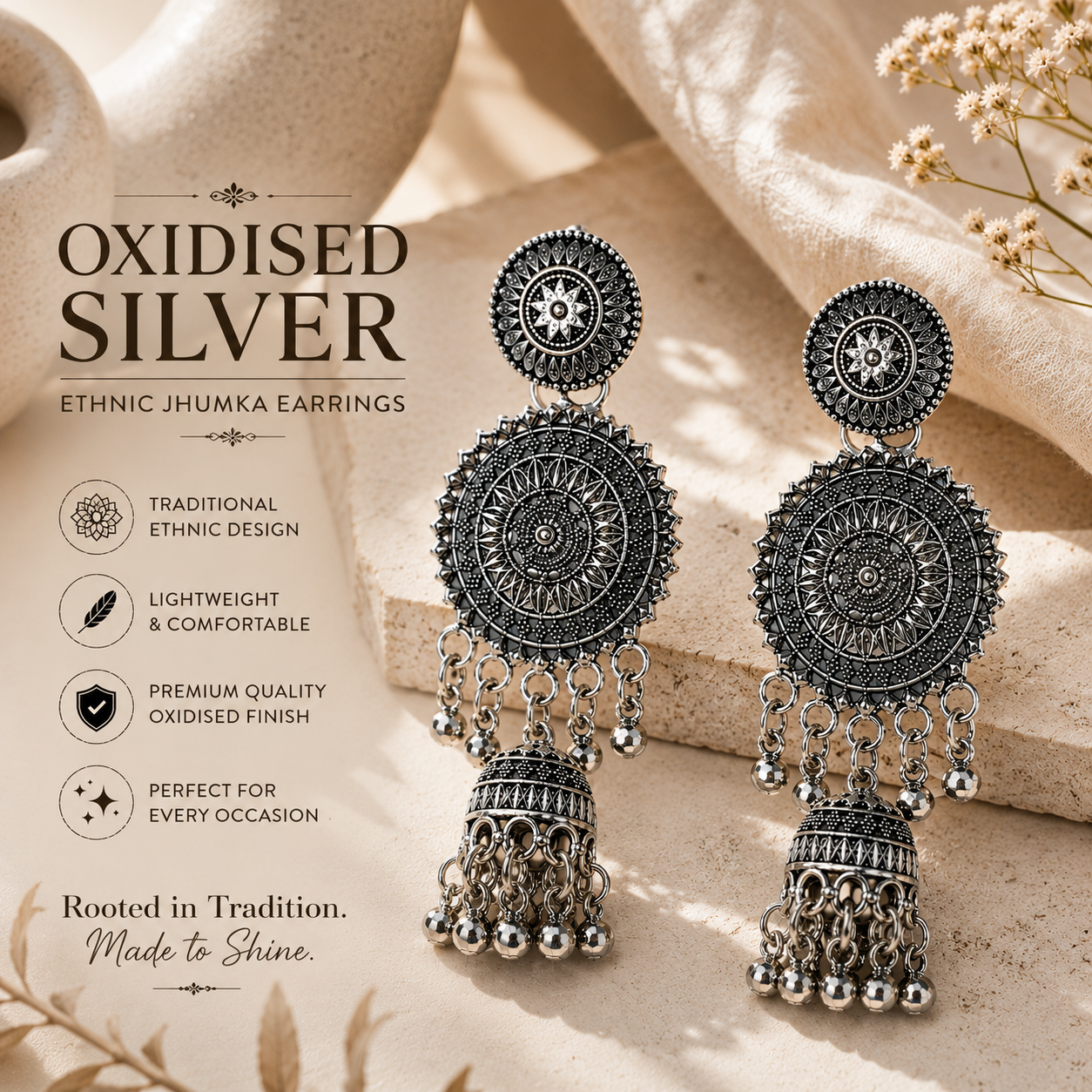 Oxidised Silver Ethnic Jhumka Earrings for Women | Traditional Statement Dangler Earrings