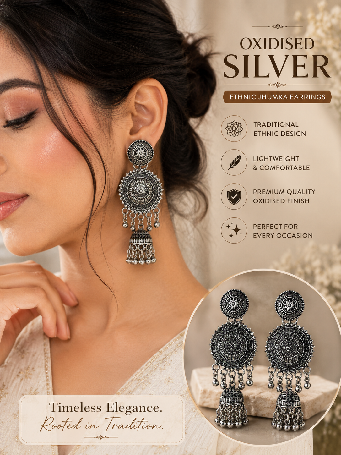 Oxidised Silver Ethnic Jhumka Earrings for Women | Traditional Statement Dangler Earrings