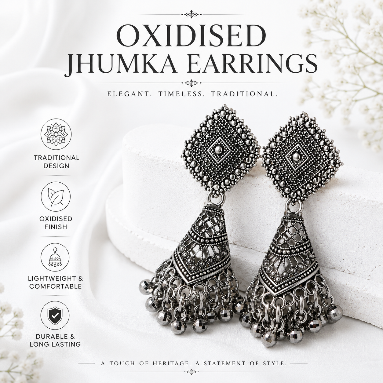 Vintage Oxidised Silver Jhumka Earrings for Women | Traditional Ethnic Boho Statement Danglers