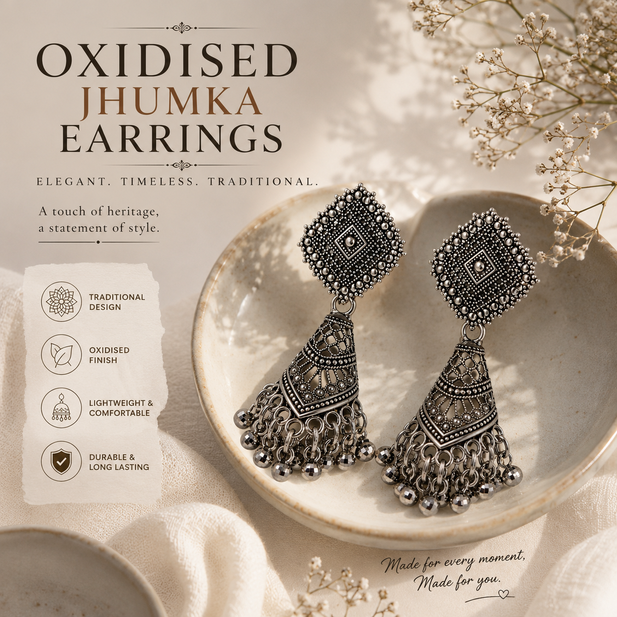 Vintage Oxidised Silver Jhumka Earrings for Women | Traditional Ethnic Boho Statement Danglers