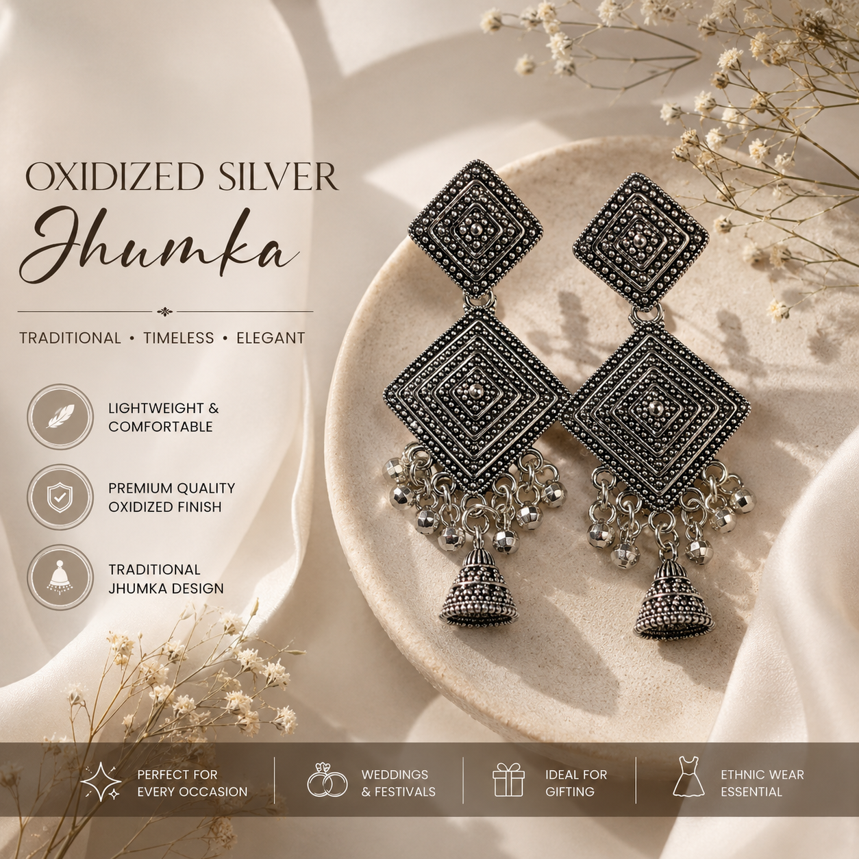 Oxidized Silver Geometric Jhumka Earrings for Women | Traditional Ethnic Statement Earrings