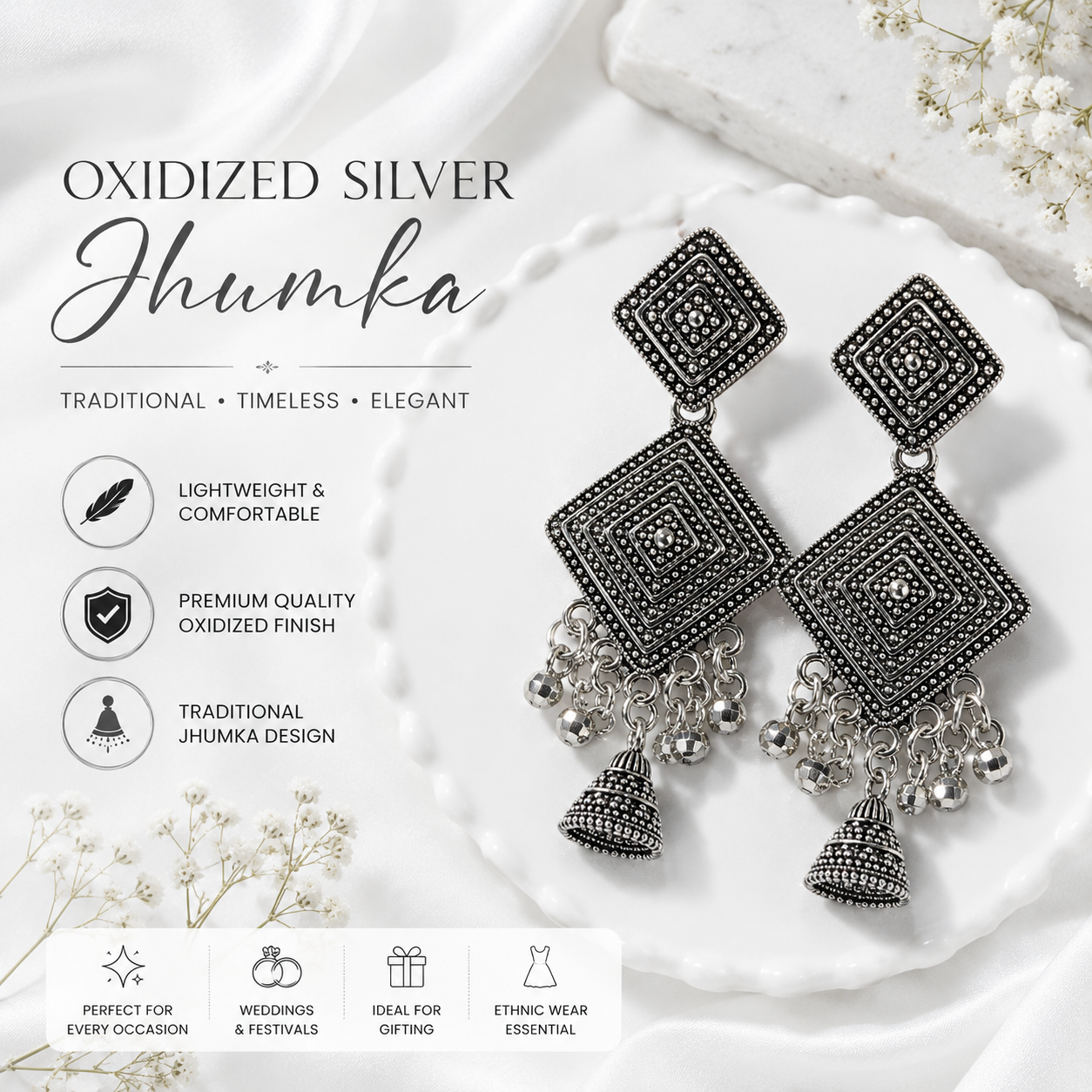Oxidized Silver Geometric Jhumka Earrings for Women | Traditional Ethnic Statement Earrings