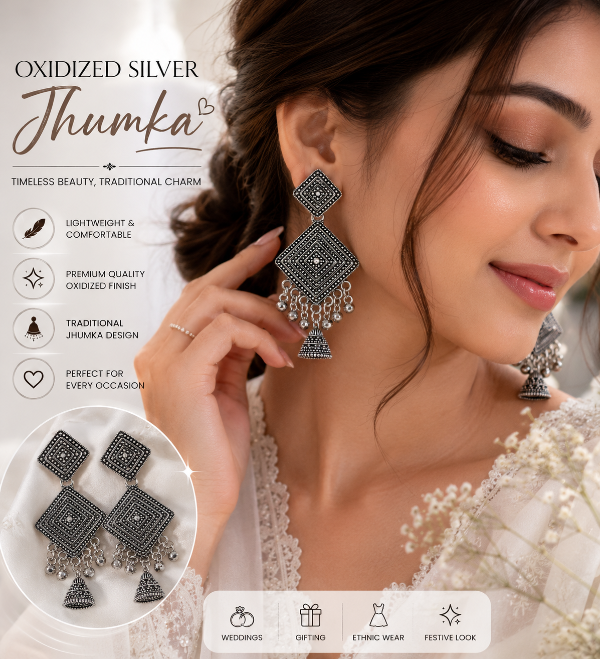 Oxidized Silver Geometric Jhumka Earrings for Women | Traditional Ethnic Statement Earrings