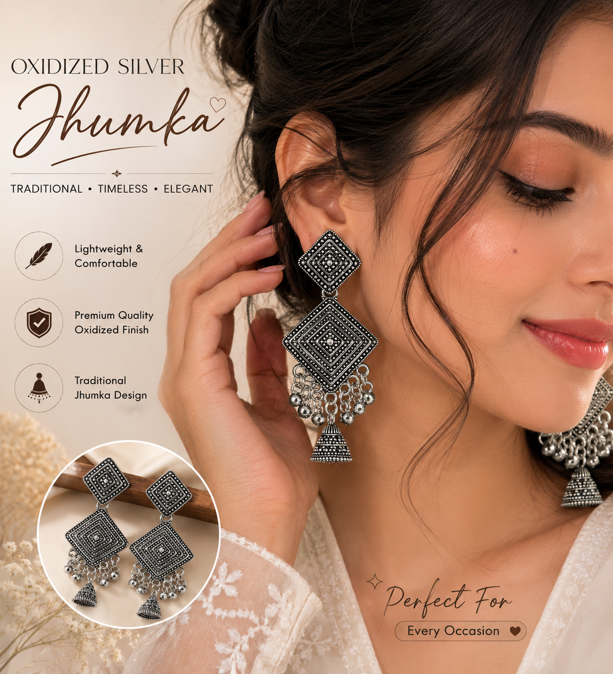 Oxidized Silver Geometric Jhumka Earrings for Women | Traditional Ethnic Statement Earrings