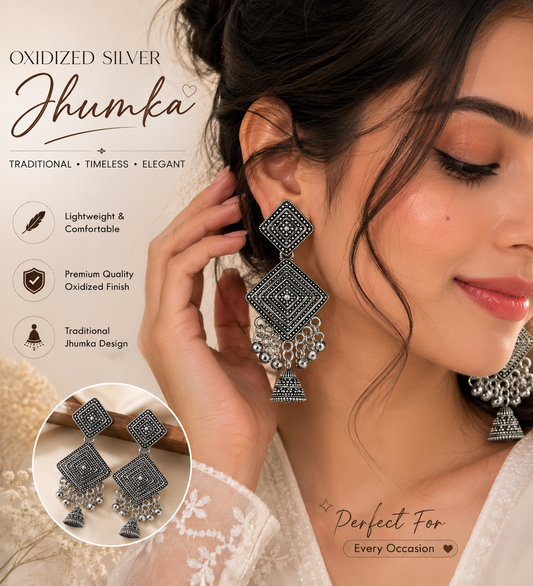 Oxidized Silver Geometric Jhumka Earrings for Women | Traditional Ethnic Statement Earrings