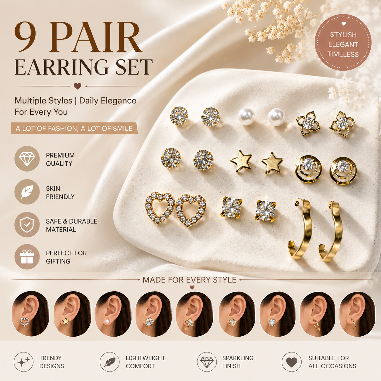 9 Pair Gold Plated Earrings Combo Set for Women & Girls | Pearl, Heart, Star, Crystal Studs & Hoop Earrings | Stylish Fashion Jewellery