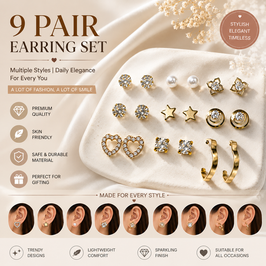 9 Pair Gold Plated Earrings Combo Set for Women & Girls | Pearl, Heart, Star, Crystal Studs & Hoop Earrings | Stylish Fashion Jewellery