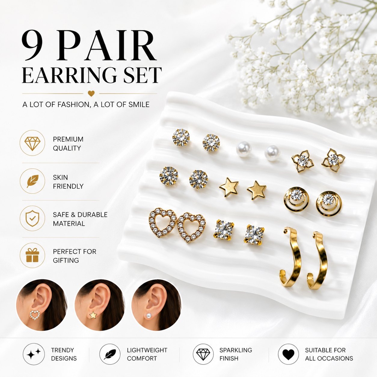 9 Pair Gold Plated Earrings Combo Set for Women & Girls | Pearl, Heart, Star, Crystal Studs & Hoop Earrings | Stylish Fashion Jewellery