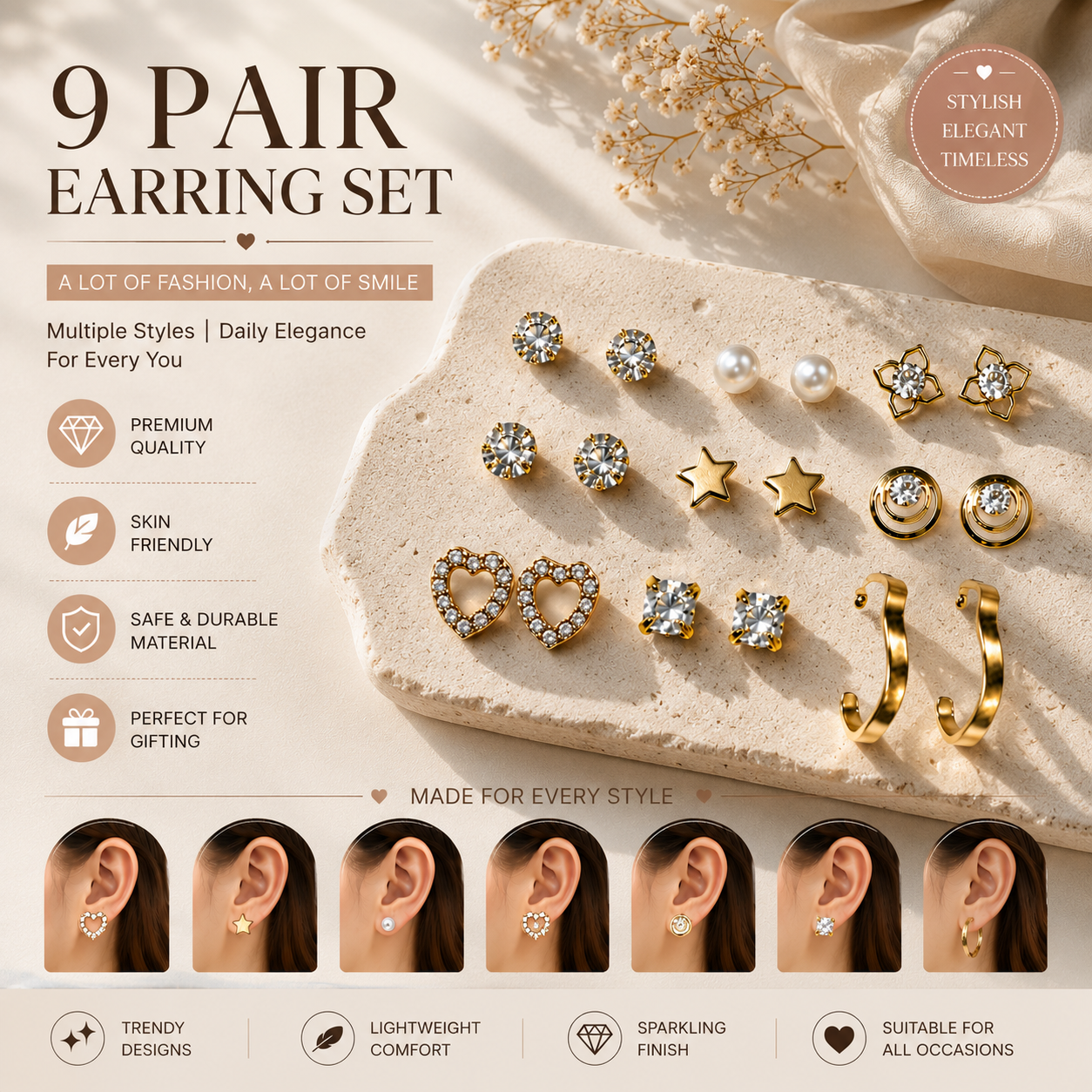 9 Pair Gold Plated Earrings Combo Set for Women & Girls | Pearl, Heart, Star, Crystal Studs & Hoop Earrings | Stylish Fashion Jewellery